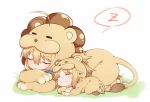  2girls :3 ^_^ animal_costume animal_print artoria_pendragon_(all) bangs blonde_hair chibi closed_eyes closed_mouth eyebrows_visible_through_hair fate/apocrypha fate/grand_order fate/stay_night fate_(series) hair_between_eyes lying mordred_(fate)_(all) mother_and_daughter multiple_girls on_stomach saber saber_(fate) saber_lion saber_of_red sidelocks sleeping speech_bubble tiger_costume tiger_print yorukun zzz 