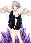  1girl absurdres ahoge angel_wings bangs bare_legs bare_shoulders bikini black_bikini black_choker black_nails blue_eyes blue_jacket breasts cleavage collarbone contrapposto crystal eyebrows_visible_through_hair feathered_wings halo hand_in_pocket highres jacket jewelry long_sleeves looking_at_viewer medium_breasts nail_polish off_shoulder open_clothes open_jacket original short_hair silver_hair simple_background single_earring solo star swept_bangs swimsuit umeno_(shio1205) unzipped white_background white_wings wings zipper 