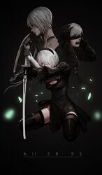  1boy 2girls absurdres bare_shoulders black_legwear blindfold blue_eyes breasts elbow_gloves gloves highres katana medium_breasts mole mole_under_mouth multiple_girls nier_(series) nier_automata red_eyes short_hair silver_hair sword thigh-highs tony_sun weapon white_hair yorha_no._2_type_b yorha_no._9_type_s yorha_type_a_no._2 