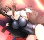  1girl black_swimsuit blurry breasts brown_eyes brown_hair chair collarbone covered_navel cowboy_shot depth_of_field dutch_angle folding_chair girls_und_panzer hair_between_eyes kuromorimine_military_uniform large_breasts locker_room nakahira_guy new_school_swimsuit nishizumi_maho off_shoulder one-piece_swimsuit open_clothes open_shirt parted_lips shirt short_hair sitting solo swimsuit swimsuit_under_clothes taut_clothes taut_swimsuit undressing 