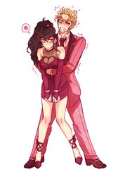  1boy 1girl :| ankle_ribbon black_hair blonde_hair bow breasts carrying choker cleavage cleavage_cutout clenched_teeth closed_mouth detached_sleeves diamond_wa_kudakenai dress dress_tug earrings formal genderswap genderswap_(mtf) hair_bow hair_ornament heart_hair_ornament higashikata_jousuke highres jewelry jojo_no_kimyou_na_bouken kira_yoshikage large_breasts long_hair necktie one_eye_closed pompadour ponytail red_dress red_eyes ribbon see-through spoken_squiggle squiggle strapless strapless_dress struggling suit sweat teeth trembling violet_eyes wallfloristry wrist_cuffs 