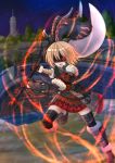  1girl axe blanc blue_eyes brown_hair fighting_stance final_fantasy final_fantasy_xiv fur_trim glowing glowing_eyes highres kazenokaze neptune_(series) open_mouth shaded_face short_hair solo weapon 