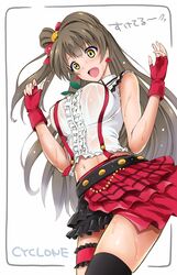  1girl artist_name belt breasts brown_hair cyclone fingerless_gloves frilled_skirt frills gloves large_breasts long_hair love_live! love_live!_school_idol_project midriff minami_kotori navel one_side_up open_mouth side_ponytail skirt solo thigh-highs translation_request yellow_eyes 