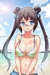  1girl absurdres black_hair blue_eyes blue_ribbon blush breasts cleavage eyebrows_visible_through_hair glasses hair_ribbon heart highres large_breasts long_hair looking_at_viewer navel original parted_lips ribbon semi-rimless_glasses solo sweat sweatdrop tic-tac-toe twintails wet x-boy 
