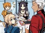  +_+ 1boy 3girls animal_ears apron archer artist_name artoria_pendragon_(all) black_hair blonde_hair blue_eyes brown_eyes chopsticks closed_eyes dark_skin dark_skinned_male fate/grand_order fate/stay_night fate_(series) food food_on_face fou_(fate/grand_order) fujimura_taiga highres ishtar_(fate/grand_order) jaguar_ears jaguar_tail jaguarman_(fate/grand_order) multiple_girls orange_hair red_eyes rice rice_bowl rice_on_face saber short_hair smile tohsaka_rin white_hair yuuma_(u-ma) 