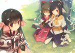  3girls black_hair blush bow closed_eyes cup eyebrows_visible_through_hair finger_to_mouth green_hair hair_bow holding holding_cup kuon_(utawareru_mono) long_hair looking_at_viewer looking_away multiple_girls nekone_(utawareru_mono) one_eye_closed pink_bow pink_ribbon red_eyes ribbon rurutie_(utawareru_mono) seiza short_hair sitting smile tree utawareru_mono utawareru_mono:_itsuwari_no_kamen wu_(4401153) yellow_eyes 