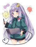  1girl bangs blue_bow bow cosplay crescent crescent_hair_ornament cropped_legs eromanga_sensei hair_bow hair_ornament highres izumi_sagiri izumi_sagiri_(cosplay) jacket kedama_milk long_hair long_sleeves looking_at_viewer patchouli_knowledge purple_hair red_bow sidelocks simple_background solo stylus tablet touhou very_long_hair violet_eyes white_background 