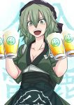  &gt;:d 1girl :d adapted_costume alcohol apron bandanna beer beer_mug benizuwai breasts cleavage clothes_writing collarbone cup drinking_glass green_eyes green_hair hair_between_eyes head_scarf highres holding holding_drinking_glass japanese_clothes kimono looking_at_viewer open_mouth sash sleeves_rolled_up smile soga_no_tojiko solo sweat tasuki touhou upper_body waist_apron 