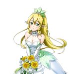  1girl blonde_hair bouquet breasts cleavage collarbone dress elbow_gloves floating_hair flower gloves green_eyes hair_between_eyes hair_ornament high_ponytail holding holding_bouquet leafa long_hair looking_at_viewer medium_breasts parted_lips pointy_ears sleeveless sleeveless_dress solo standing sword_art_online transparent_background very_long_hair white_dress white_flower white_gloves yellow_flower 