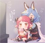  1boy 1girl batten_(yukibara_7) blue_hair breasts cellphone chibi cleavage drunk_(granblue_fantasy) earrings granblue_fantasy horns jewelry large_breasts phone pointy_ears red_eyes redhead short_hair smartphone smile sturm_(granblue_fantasy) translation_request 