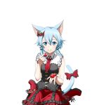  1girl animal_ears blue_eyes blue_hair bow cat_ears cat_tail food frilled_skirt frills fruit hair_between_eyes holding holding_fruit looking_at_viewer necktie red_bow red_necktie red_skirt shinon_(sao) shinon_(sao-alo) short_hair_with_long_locks sidelocks sitting skirt sleeveless slit_pupils smile solo sword_art_online tail tail_bow transparent_background 