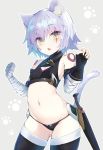  1girl animal_ears ass_visible_through_thighs assassin_of_black bandage bandaged_arm bandaged_hands black_gloves black_legwear black_panties breasts cat_ears cat_tail cleavage cowboy_shot eyebrows_visible_through_hair fate/apocrypha fate_(series) fingerless_gloves gloves green_eyes kemonomimi_mode midriff navel panties paw_pose paw_print scar short_hair silver_hair simple_background single_glove slit_pupils small_breasts solo sugar_(sugar17) tail tattoo thigh-highs turtleneck underwear 