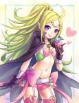  1girl :q black_gloves breasts cape cleavage collarbone cowboy_shot fire_emblem fire_emblem:_kakusei food garter_straps gloves green_hair heart high_ponytail ice_cream long_hair midriff navel nowi_(fire_emblem) pink_legwear pink_shorts pointy_ears poshii_(posy) short_shorts shorts sideboob solo standing stomach thigh-highs tongue tongue_out very_long_hair violet_eyes 
