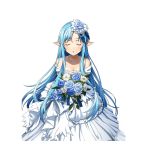  1girl asuna_(sao-alo) blue_flower blue_hair bouquet breasts cleavage closed_eyes collarbone dress flower hair_flower hair_ornament holding holding_bouquet jewelry long_hair necklace parted_lips pointy_ears sleeveless sleeveless_dress small_breasts solo standing sword_art_online transparent_background very_long_hair waiting_for_kiss wedding_dress white_dress 