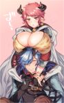  annoyed batten_(yukibara_7) blue_hair breast_rest breasts cleavage drunk_(granblue_fantasy) earrings granblue_fantasy horns huge_breasts jewelry long_hair parted_lips pink_background pointy_ears redhead sturm_(granblue_fantasy) 