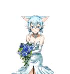  1girl animal_ears blue_eyes blue_flower blue_hair blue_ribbon bouquet breasts cat_ears cleavage collarbone dress elbow_gloves flower gloves hair_between_eyes hair_ribbon holding holding_bouquet jewelry long_hair looking_at_viewer medium_breasts necklace parted_lips ribbon shinon_(sao-alo) short_hair_with_long_locks sidelocks sleeveless sleeveless_dress solo standing strapless strapless_dress sword_art_online transparent_background white_dress white_gloves 