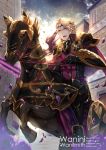  1boy armor armored_boots artist_name blonde_hair boots cape circlet clouds fire_emblem fire_emblem_if flag flower gloves horse male_focus marks_(fire_emblem_if) open_mouth petals red_eyes shield sky solo sword teeth wani_(fadgrith) watermark weapon web_address 