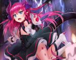  1girl bangs black_dress blue_eyes blurry blurry_background blurry_foreground blush boots candle commentary_request curled_horns depth_of_field detached_sleeves dragon_girl dragon_horns dragon_tail dress elizabeth_bathory_(fate) elizabeth_bathory_(fate)_(all) eyebrows_visible_through_hair fate/extra fate/extra_ccc fate_(series) flat_chest from_side hair_between_eyes hair_ribbon high_heel_boots high_heels holding horns long_hair long_sleeves looking_at_viewer pink_hair pointy_ears purple_ribbon racchi. ribbon solo tail two_side_up very_long_hair white_footwear 