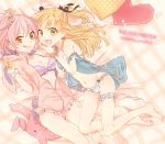  2girls :d ;) amattle barefoot black_ribbon blonde_hair breasts brown_eyes cleavage copyright_name from_above hair_ribbon idolmaster idolmaster_cinderella_girls jougasaki_mika jougasaki_rika lingerie long_hair looking_at_viewer lying midriff multiple_girls navel negligee on_side on_stomach one_eye_closed open_mouth panties partially_unzipped pink_hair ribbon siblings sisters small_breasts smile stomach striped striped_panties thigh_strap two_side_up underwear underwear_only wrist_cuffs 