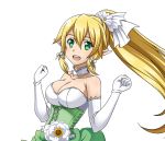 1girl :d blonde_hair bow braid breasts choker cleavage collarbone elbow_gloves floating_hair flower gloves green_eyes hair_bow hair_flower hair_ornament hair_ribbon high_ponytail large_breasts leafa long_hair looking_at_viewer open_mouth pointy_ears ribbon smile solo standing sword_art_online transparent_background twin_braids very_long_hair white_flower white_gloves white_ribbon 