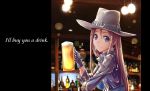  1girl a4typhoon alcohol anchor_symbol beer beer_mug blue_shirt closed_mouth cowboy_hat cup earrings english from_side gloves grey_hat hair_between_eyes hands_up hat hat_belt highres holding holding_cup indoors jacket jewelry lights long_hair looking_at_viewer open_clothes open_jacket purple_gloves purple_hair purple_jacket shirt shoulder_spikes smile solo spikes star star_earrings tavern turning_head tuscaloosa_(zhan_jian_shao_nyu) violet_eyes zhan_jian_shao_nyu 