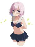 1girl bikini blush breasts cowboy_shot fate/grand_order fate_(series) glasses hair_over_one_eye looking_at_viewer naruse_chisato navel purple_hair sailor_bikini sailor_collar shielder_(fate/grand_order) short_hair smile solo star swimsuit violet_eyes white_background 