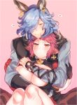  1boy 1girl batten_(yukibara_7) blue_hair breasts closed_eyes collarbone drunk_(granblue_fantasy) gloves granblue_fantasy heart horns huge_breasts pink_background red_eyes redhead simple_background smile spoken_heart strum_(granblue_fantasy) thighs 