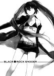  1girl black_bikini_top black_eyes black_hair black_rock_shooter black_rock_shooter_(character) black_shorts character_name collarbone copyright_name cotta floating_hair front-tie_top hair_between_eyes highres long_hair looking_at_viewer midriff navel short_shorts shorts simple_background solo standing stomach twintails very_long_hair white_background 