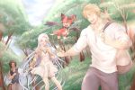  1girl 2boys ahoge black_hair blonde_hair blue_eyes blue_hair carrying_over_shoulder dragon dress faceless faceless_male flying granblue_fantasy green_eyes hachikou_nameko lancelot_(granblue_fantasy) long_hair lyria_(granblue_fantasy) multiple_boys one_eye_closed outstretched_arm pectorals short_hair tree vane_(granblue_fantasy) vee_(granblue_fantasy) very_long_hair walking white_dress 