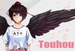  1girl alternate_costume black_wings breasts brown_hair character_name cherry_blossoms copyright_name feathered_wings gradient gradient_background grey_background hat highres looking_at_viewer parted_lips petals pink_lips red_eyes shameimaru_aya shirt short_hair short_sleeves solo tokin_hat touhou upper_body white_shirt wind wings yongzhe_mei_hong 