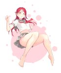  1girl :&lt; bare_legs barefoot blush breasts closed_mouth full_body grey_skirt hair_between_eyes highres long_hair looking_at_viewer love_live! love_live!_sunshine!! navel neckerchief panties pantyshot pink_panties puffy_short_sleeves puffy_sleeves redhead sakurauchi_riko school_uniform serafuku short_sleeves skirt small_breasts solo underwear yellow_eyes yuuji_(and) 