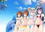  4girls :d akatsuki_(kantai_collection) arms_behind_back ass_visible_through_thighs bikini black_bikini blue_eyes blue_sky breasts brown_eyes brown_hair closed_mouth cowboy_shot day fang folded_ponytail front-tie_bikini front-tie_top hair_between_eyes hand_on_headwear hand_on_hip hat hibiki_(kantai_collection) highres ikazuchi_(kantai_collection) inazuma_(kantai_collection) inflatable_orca inflatable_toy kantai_collection lens_flare long_hair matsunoki_(unknown_751) multicolored multicolored_bikini multicolored_clothes multiple_girls navel open_mouth outdoors palm_tree purple_hair side-tie_bikini sidelocks silver_hair sky small_breasts smile straw_hat string_bikini striped striped_bikini sun_hat sunglasses sunglasses_on_head sunlight swimsuit tree wristband 