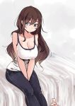  1girl bare_shoulders barefoot between_thighs blue_eyes breasts brown_hair camisole cleavage closed_mouth hair_between_eyes highres large_breasts long_hair looking_away on_bed original rucchiifu sitting solo 