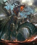  artist_request claws clouds cloudy_sky cygames dragon dragon_horns dragon_tail dragon_wings fire glowing_mouth horns knee_up lightning multiple_wings no_humans ocean official_art open_mouth orange_eyes rahab scales shadowverse shingeki_no_bahamut sky spines tail teeth tongue tongue_out water wings 