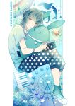  1boy blue_background blue_hair camera collar converse dolphin eyebrows_visible_through_hair ferris_wheel fork full_body happy_birthday high_tops instrument long_hair looking_at_viewer merchandise minazuki_rui parfait piano polka_dot polka_dot_pants rain shirt shoes short_sleeves sneakers solo spoon star stuffed_animal stuffed_bunny stuffed_toy t-shirt tsukiuta winniconan 