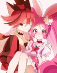  2girls animal_ears blush cake_hair_ornament choker cure_chocolat cure_whip dog_ears dog_tail earrings extra_ears food food_themed_hair_ornament fruit gloves hair_ornament hat jewelry joman kenjou_akira kirakira_precure_a_la_mode long_hair looking_at_viewer magical_girl multiple_girls pink_choker pink_eyes pink_hair precure princess_carry puffy_sleeves rabbit rabbit_ears red red_eyes redhead short_hair skirt smile strawberry tail twintails usami_ichika white_gloves yuri 