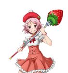  1girl bonnet bow bowtie collarbone cowboy_shot grin hat high-waist_skirt holding jewelry lisbeth lisbeth_(sao-alo) looking_at_viewer necklace pink_hair pointy_ears red_bow red_bowtie red_eyes red_hat red_skirt shiny shiny_skin shirt short_hair short_sleeves skirt smile solo standing sword_art_online transparent_background white_shirt 