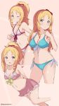  1girl bikini bikini_skirt blonde_hair blush bow breasts brown_eyes cleavage commentary_request cosplay drill_hair eromanga_sensei hair_bow izumi_sagiri izumi_sagiri_(cosplay) long_hair looking_at_viewer multiple_views one_eye_closed open_mouth pointy_ears red_bow senju_muramasa senju_muramasa_(cosplay) skirt striped striped_bikini swimsuit tasora twin_drills twitter_username yamada_elf 