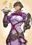  1boy ahoge bacon brown_hair commentary_request cosplay covered_navel cowboy_shot dark_skin egg fate/grand_order fate_(series) fingerless_gloves food fried_egg frying_pan gloves highres holding holding_plate looking_at_viewer male_focus melon22 minamoto_no_raikou_(fate/grand_order) minamoto_no_raikou_(fate/grand_order)_(cosplay) plate rider_(fate/prototype_fragments) short_hair smile sound_effects yellow_eyes 