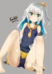  1girl barefoot bow collarbone dated eyebrows_visible_through_hair feet green_eyes grey_background grey_hair hair_bow kavka long_hair looking_at_viewer neckerchief original school_swimsuit signature simple_background sitting soles solo swimsuit toes yellow_bow yellow_neckerchief 