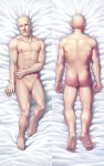 1boy absurdres ass bald commentary_request dakimakura facial_hair grey_eyes highres kune-kune looking_at_viewer lying male_focus multiple_views no_eyebrows no_penis nude on_back on_stomach parted_lips sakkan soles toned toned_male 
