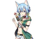  1girl animal_ears armlet blue_eyes blue_hair cat_ears cat_tail collar collarbone cowboy_shot crop_top food green_ribbon hair_between_eyes hair_ribbon holding holding_food midriff navel open_mouth ribbon shinon_(sao-alo) short_hair_with_long_locks short_shorts shorts sidelocks solo standing stomach sword_art_online tail transparent_background white_shorts 