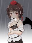  1girl black_bra black_skirt black_wings bra breasts brown_hair cleavage commentary_request hat lace lace-trimmed_bra looking_at_viewer medium_breasts natsu_no_koucha off_shoulder rain red_eyes see-through shameimaru_aya shirt short_hair skirt solo tokin_hat touhou underwear wet wet_clothes wet_hair white_shirt wings 
