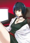  1girl absurdres ao_(aocooler) black_hair breasts brown_eyes choker cleavage collarbone commentary_request highres jewelry labcoat looking_at_viewer necklace persona persona_5 short_hair sitting smile solo takemi_tae 