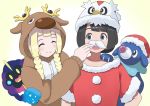  2girls alternate_costume antlers bangs black_hair blonde_hair blue_eyes blunt_bangs blush braid breasts buttons character_costume character_hat closed_eyes closed_mouth collarbone commentary_request cosmog cosplay delibird fake_mustache gradient gradient_background haido_(ryuuno_kanzume) hat highres hood kigurumi lillie_(pokemon) long_hair long_sleeves looking_at_viewer mizuki_(pokemon_sm) multiple_girls open_mouth pokemon pokemon_(creature) pokemon_(game) pokemon_sm popplio red_hat red_shirt santa_costume santa_hat shirt short_hair short_sleeves small_breasts smile stantler twin_braids two-tone_background upper_body 