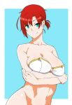 1girl akitetsu aqua_eyes bare_shoulders blue_background bottomless boudica_(fate/grand_order) bra breasts cleavage crossed_arms fate/grand_order fate_(series) highres large_breasts looking_at_viewer navel no_panties out-of-frame_censoring red_eyebrows red_hair redhead short_hair short_ponytail smile solo two-tone_background white_background