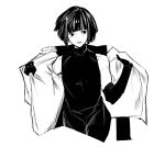  1boy androgynous bare_shoulders black_dress black_hair commentary_request dress elbow_gloves gloves greyscale highres jacket looking_to_the_side monochrome off_shoulder short_hair sleeveless sleeveless_dress tokyo_ghoul ui_koori white_background zikataro 