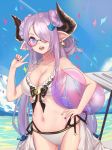  ball beachball blue_eyes breasts cleavage collarbone double_bun earrings echj granblue_fantasy hair_over_one_eye hand_on_hip highres holding holding_ball horns jewelry large_breasts long_hair looking_at_viewer nail_polish narumeia_(granblue_fantasy) open_mouth pointy_ears purple_hair purple_nails starfish starfish_earrings swimsuit teeth 