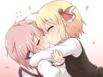  2girls animal_ears bird_wings blonde_hair blush closed_eyes commentary_request gradient gradient_background hair_ribbon heart hug kiss long_sleeves multiple_girls mystia_lorelei natsu_no_koucha pink_background pink_hair red_ribbon ribbon rumia short_hair touhou vest white_background wings yuri 