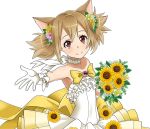  1girl animal_ears bouquet bow brown_hair cat_ears choker collarbone dress flat_chest flower gloves hair_bow hair_flower hair_ornament holding holding_bouquet long_hair looking_at_viewer outstretched_arm pink_flower red_eyes ribbon ribbon_choker short_twintails silica_(sao-alo) sleeveless sleeveless_dress smile solo standing strapless strapless_dress sunflower sword_art_online transparent_background twintails white_dress white_gloves white_ribbon yellow_flower 